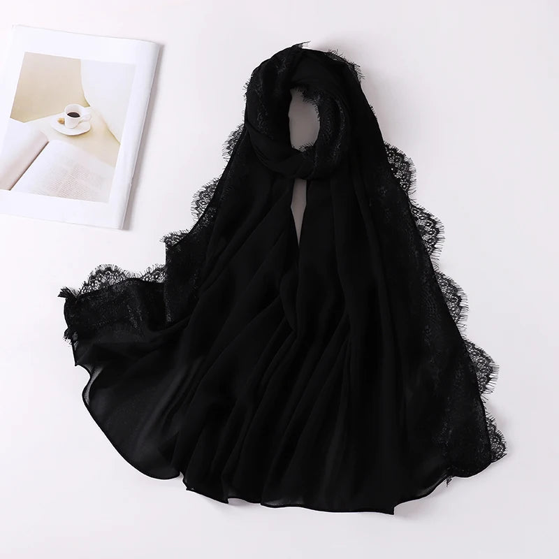 Muslim Soft Lace Hijab lslamic Plain Scarf Premium Chiffon Scarf Shawl Turban Headwraps Headband Foulard Wedding Style