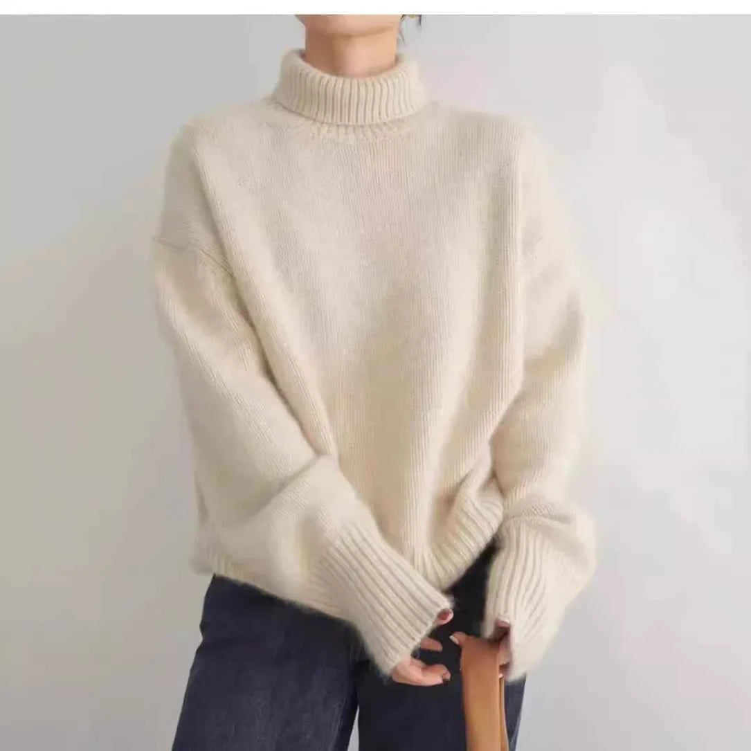 Autumn Winter Thick Loose Knitwear Sweater Tops Casual Turn Down Collar Long Lantern Sleeve Knitted Pullover Coats PYXA-dh70