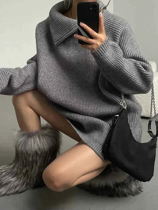 Women's Turtleneck Zipper Oversize Fashion Women Sweaters 2026 Autumn Knitwears Loose Thick Warm High Neck Solid Pullovers Women