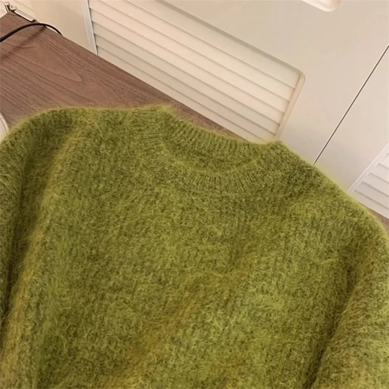 Women's Fashion Simple Casual Green Soft All Match Knitted Sweater Female O Neck Long Sleeve Loose Pullover Tops Sweet Sweaters