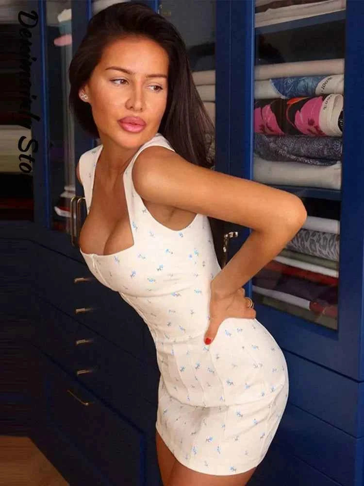 Elegant Women's Printed Waistband Short Dress Square Collar Sleeveless Zipper Waist-Closed Dresses 2026 Summer Lady Party Robes