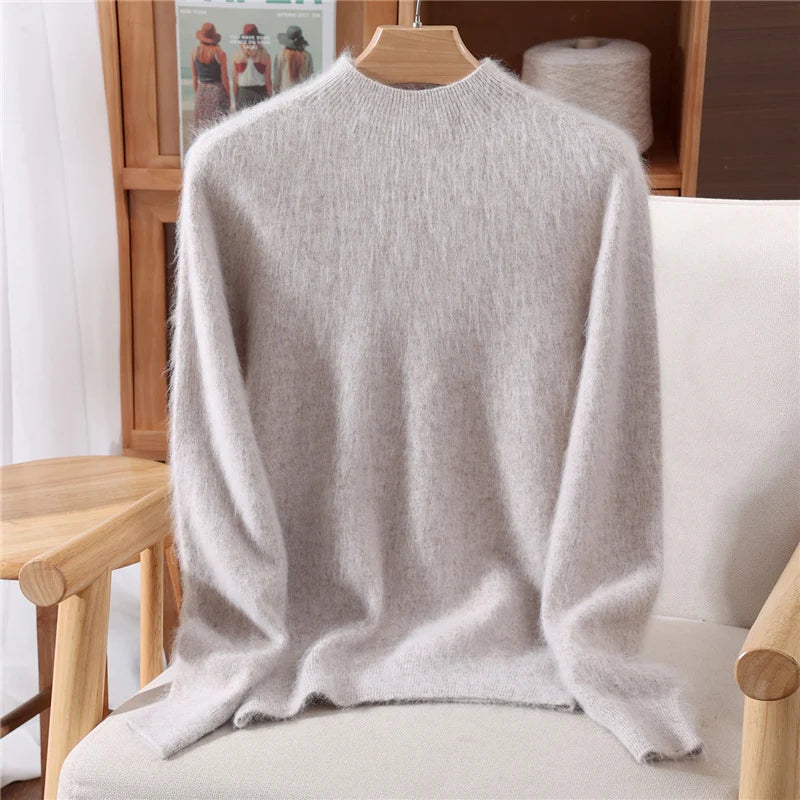 Autumn Winter New Mink Cashmere Sweater Women's Half-Height Color Matching Knitted Pullover Casual Padded Wool Bottoming Coat