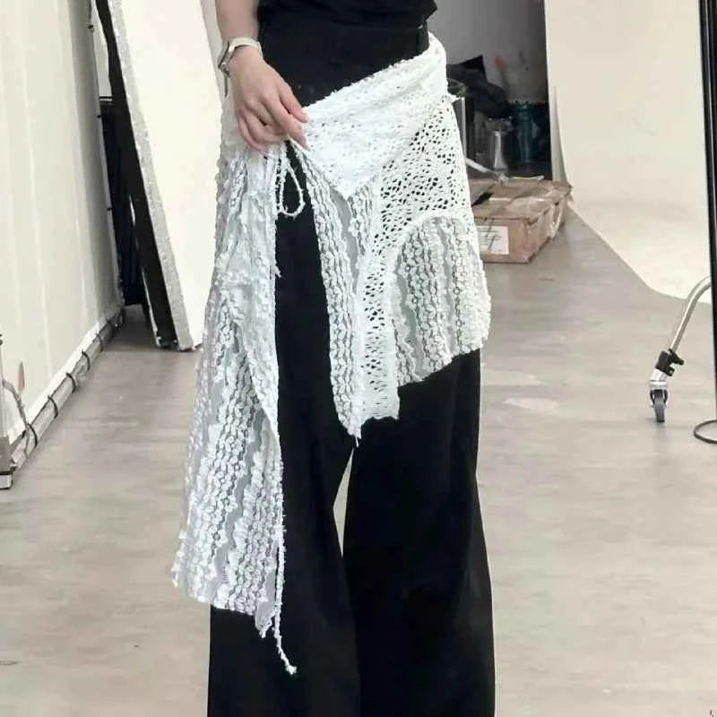 Hollow Out Irregular Lace Skirts Chic Lace-up Design Stacked Layered Feeling Mesh Apron Vintage Women Y2k White Jacquard