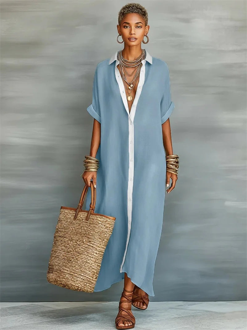 Women Comfortable Casual Cotton Linen Dresses Summer Contrasting Loose Maxi Shirt Dress Female Turndown Collar Short Sleeve Gown