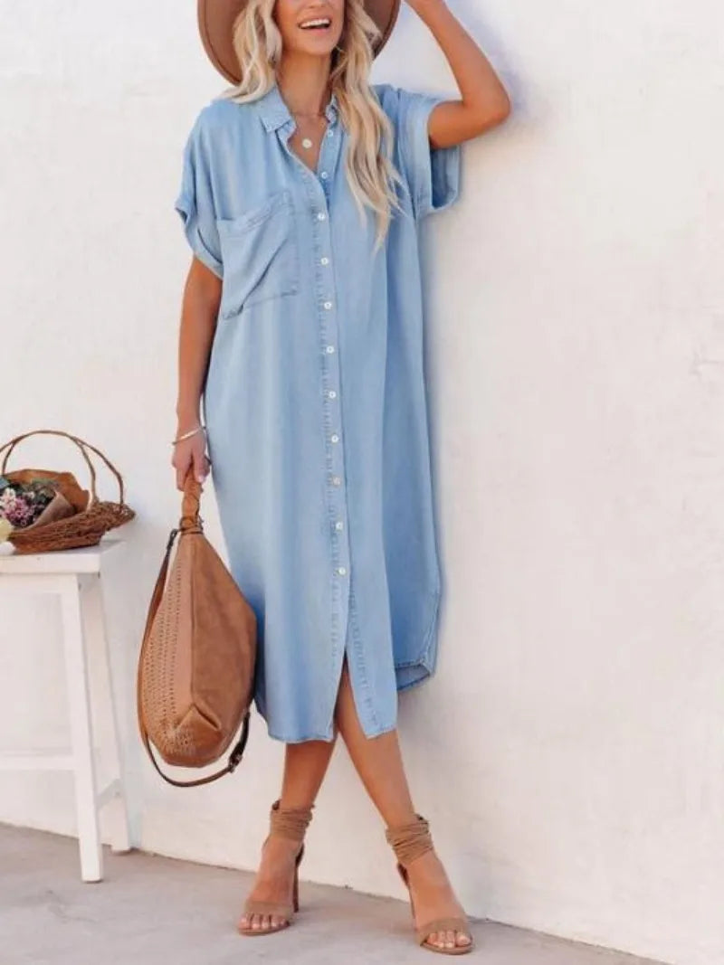 Women's Casual Loose Solid Color Short Sleeved Long Slit Shirt Dress with Shoulder Sleeves and Button Up Dress