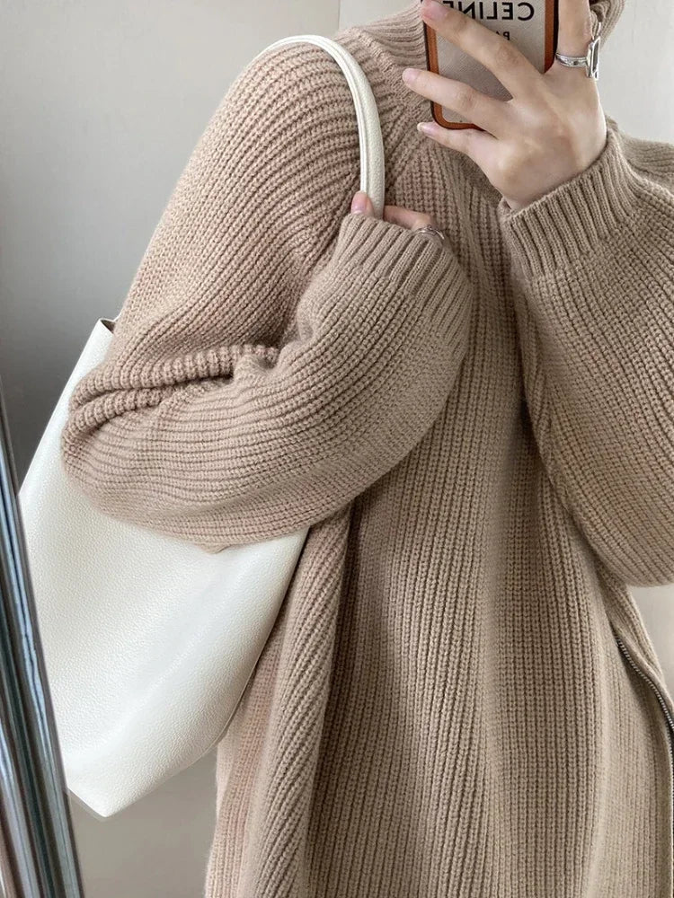 Women's Turtleneck Zipper Oversize Fashion Women Sweaters 2026 Autumn Knitwears Loose Thick Warm High Neck Solid Pullovers Women