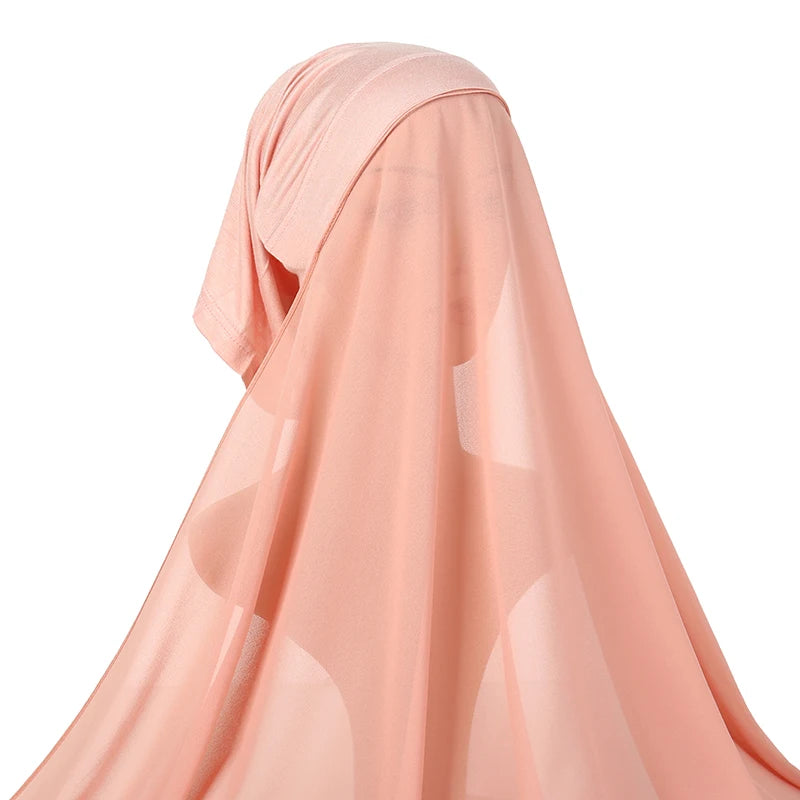 Instant Hijab with Tube Caps Women Premium Chiffon Hijab Muslim Soft Modal Cotton Open Caps Solid Colors Chiffon Shawl Turban