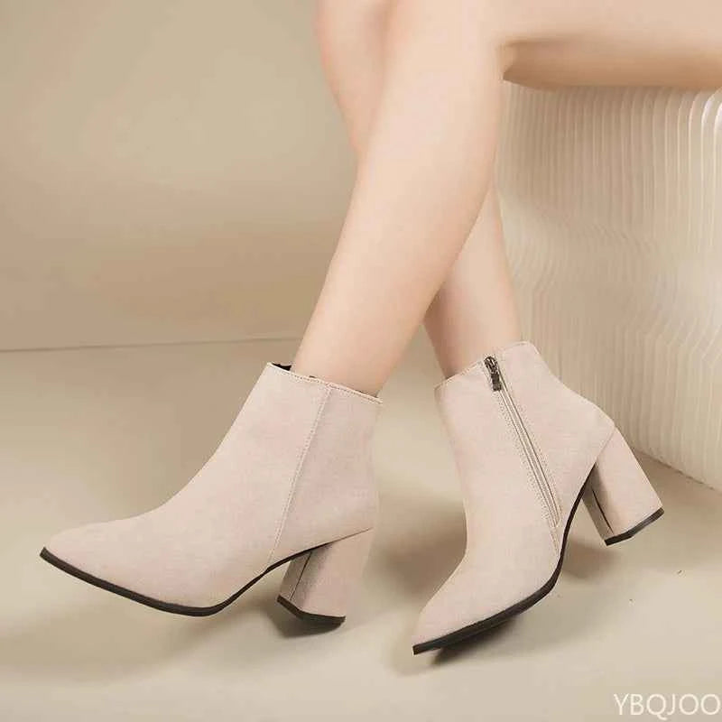 Fashionable versatile short boots women autumn winter pointed toe thick heel side zipper casual comfortable high-heeled boots