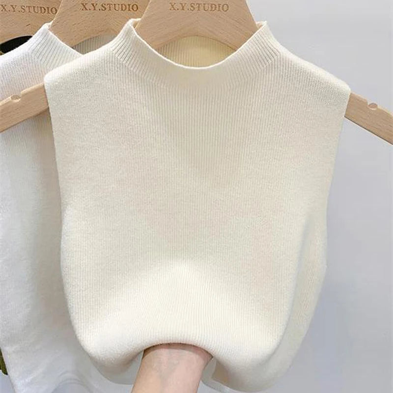 1PC Fashion Half Turtleneck Knitted Tank Top Summer Women Casual Solid Color Sleeveless Vest