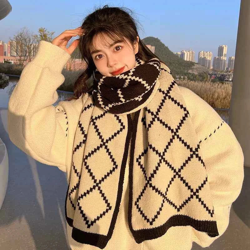 Winter Women Men Scarf Double-Sided Woolen Knitted Plaid Scarf Small Soft Warm Couple Scarves Outdoor Windproof Neckerchief