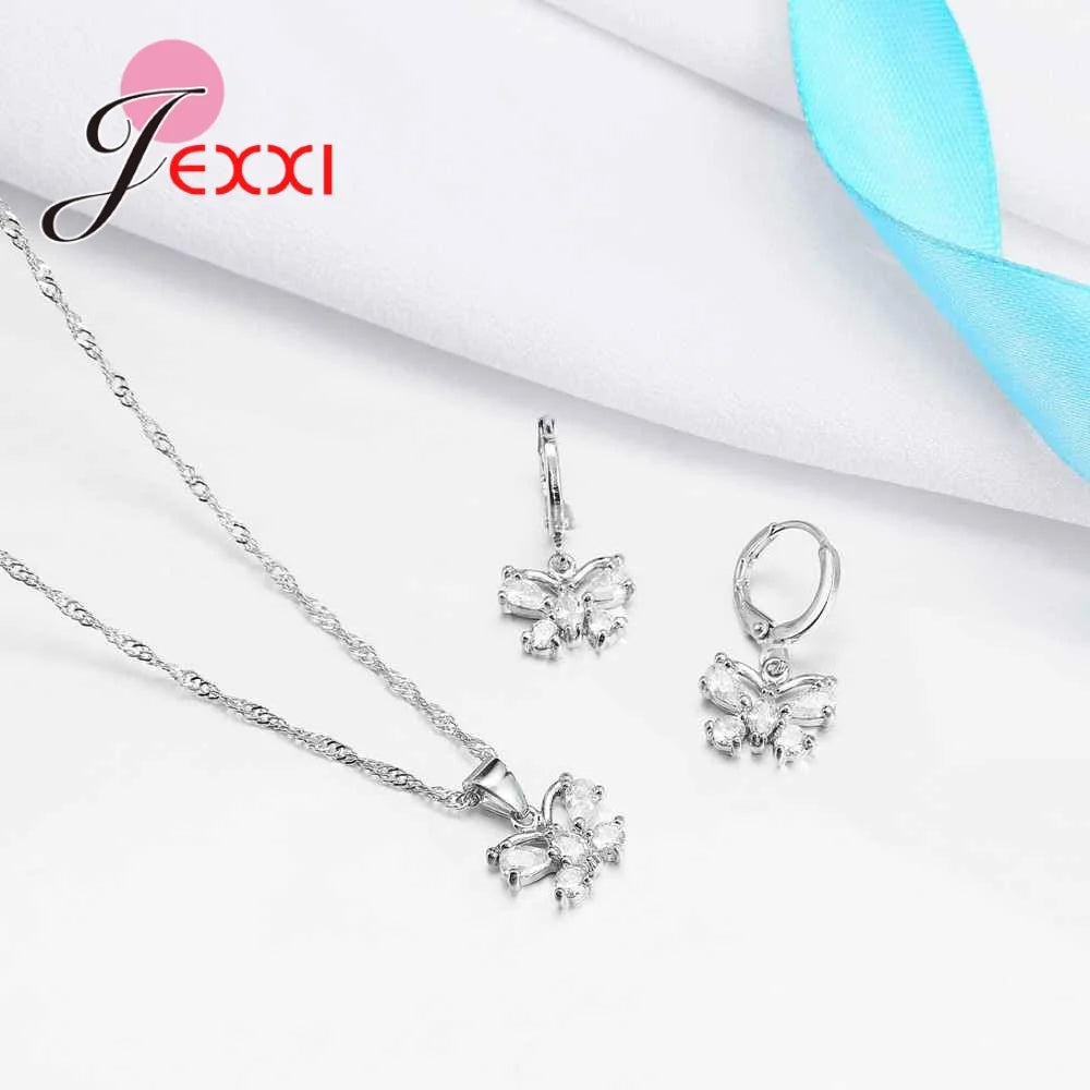 Exquisite Jewelry Sets Genuine 925 Sterling Silver Zircon Pendant Necklace Earrings Set for Women Crystal Bowknot Bijoux