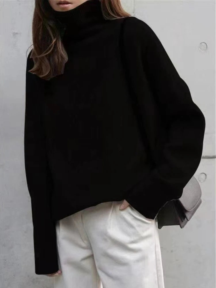 Autumn Winter New High Collar Cashmere Sweater Women Pure Color Cashmere Thick Knitted Pullover 2024 Loose Languid Sweater Tops