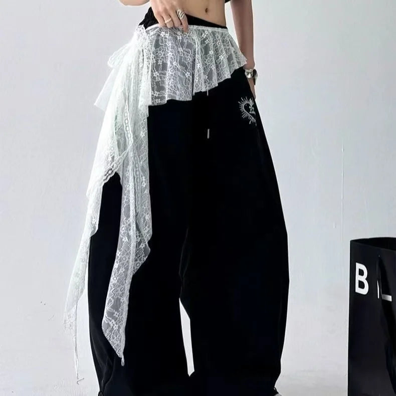 Hollow Out Irregular Lace Skirts Chic Lace-up Design Stacked Layered Feeling Mesh Apron Vintage Women Y2k White Jacquard