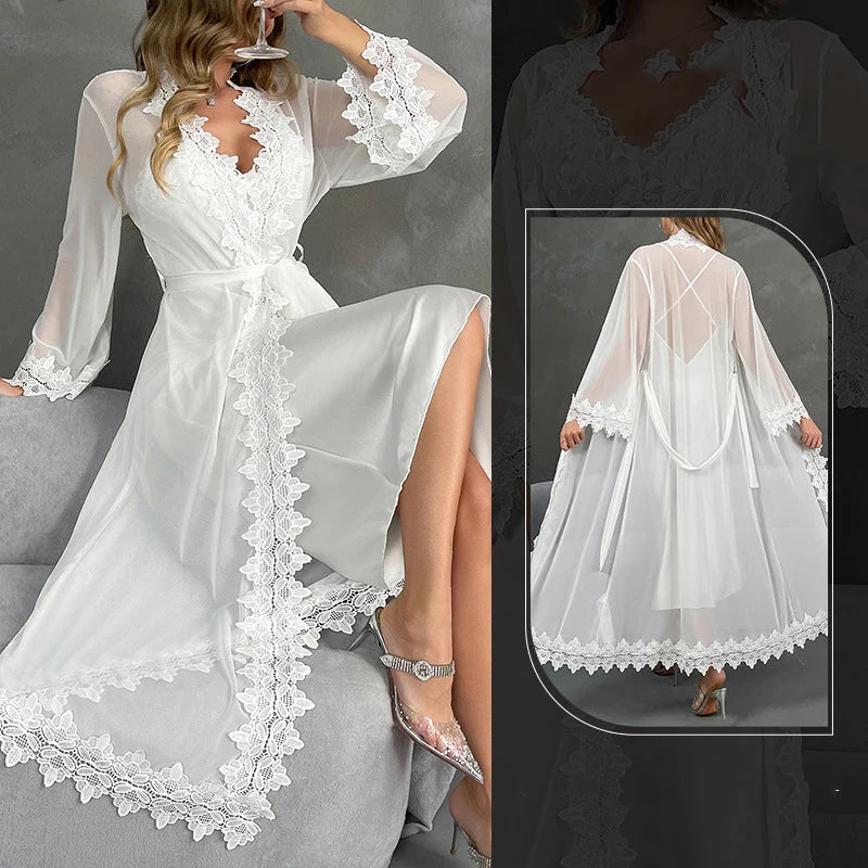 Ice Silk Lace Nightgown & Robe Set — Sexy Suspender Sleepwear