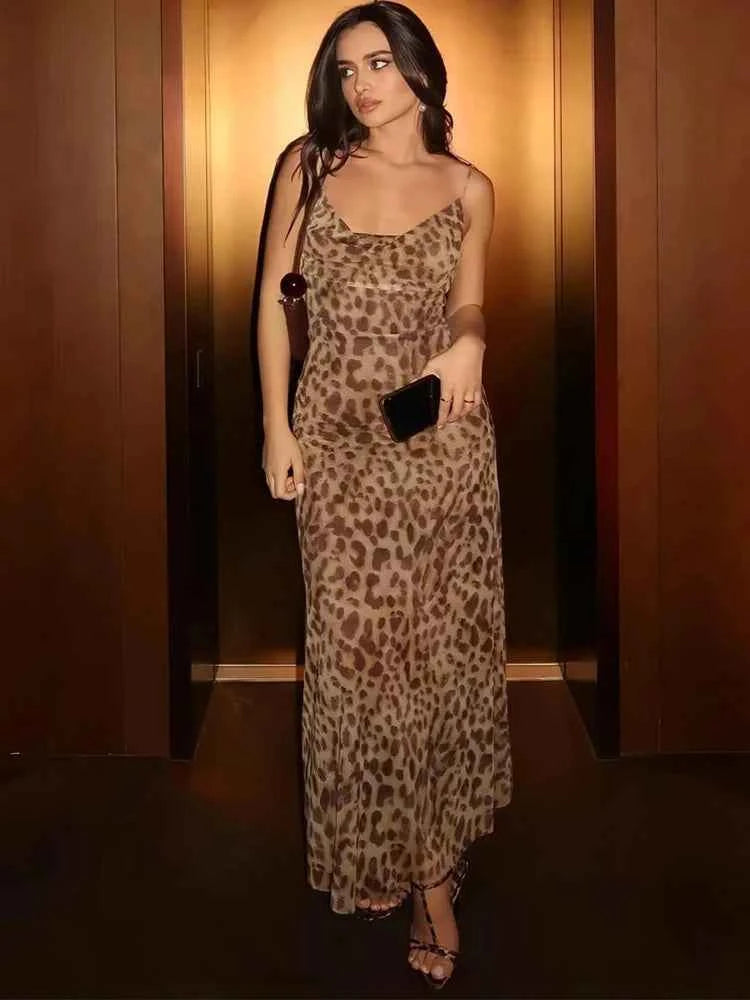 Mooyufon Leopard Print Dress Woman Summer Sexy Swing Collar Spaghetti Straps Backless Ruffles Party Clubwear Skinny Vestidos