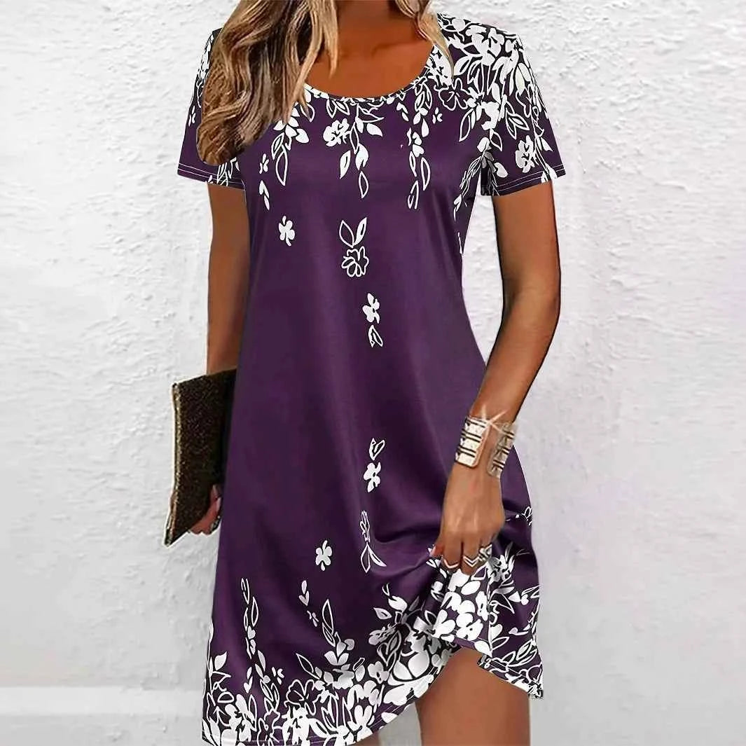 Elegant Floral Pattern Women Mini Dresses Summer Short Sleeve Street 3d Flower Printed Ladies Dress 3XL Plus Size Casual Dress