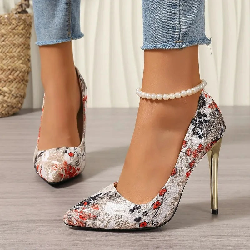 Women High Heels Embroidery Pumps 2026 Fashion Show Sexy Shoes Slip on Plus Size Single Shoes Stiletto Pointed Toe Casual Shoes