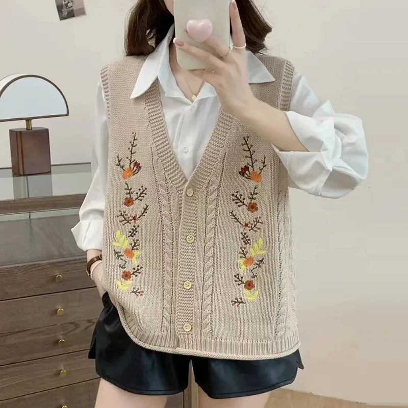 Spring Autumn 2024 Chinese Style Fashion Women's Knitted Cardigan Sweater Vest Sleeveless Age Reduction Ladies Waistcoat Jacket