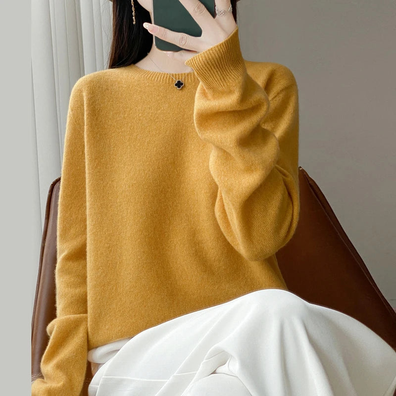 Women Cashmere Sweater 100% Merino Wool Pullover Autumn Winter O-Neck Jumper Basic Casual Knitwear Tops Solid Color Clothing