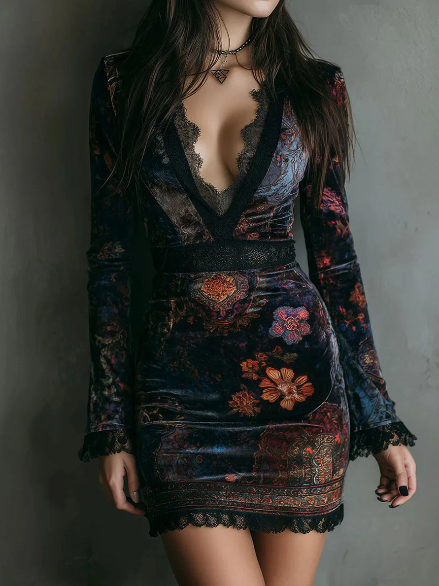 Velvet Flroal Printed Lace Patchwork Slim Mini Dress Long Sleeve Sexy V-neck Gothic Retro Women's Autumn Vintage Dress 2025