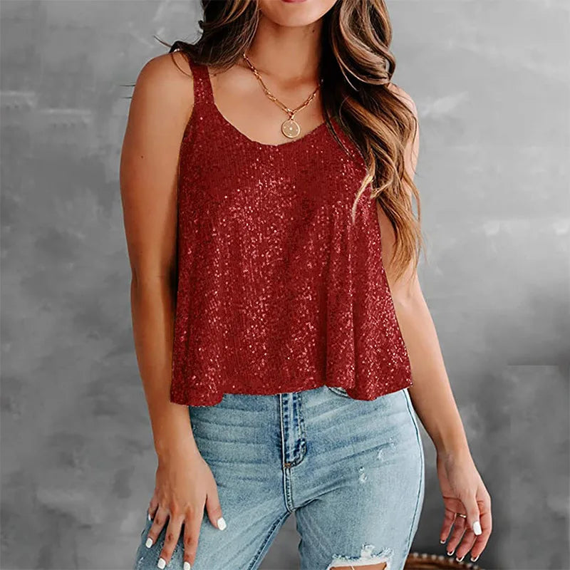 2024 Spring Summer Women's New Sleeveless Glitter Vest Club Evening Party Women's Party Casual Sleeveless Top Strap Vest