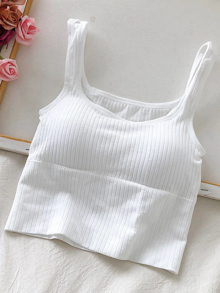 Summer Crop Top Women Seamless Square Collar Wide Straps Tank Top Knitted Striped Camisole Solid Corset Top Female