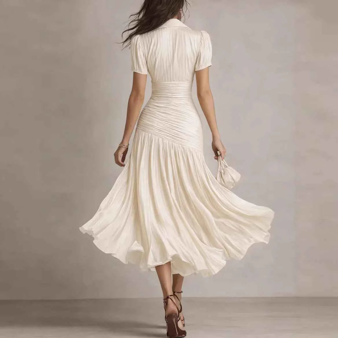 2026 New Summer Women's Striped High-waisted Shirt Dress Waist Slimming Short-sleeved Lapel A-line Skirt