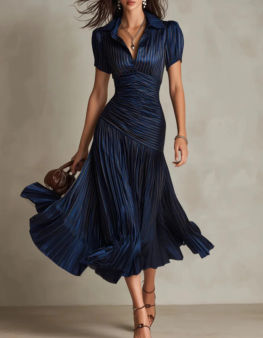 2026 New Summer Women's Striped High-waisted Shirt Dress Waist Slimming Short-sleeved Lapel A-line Skirt