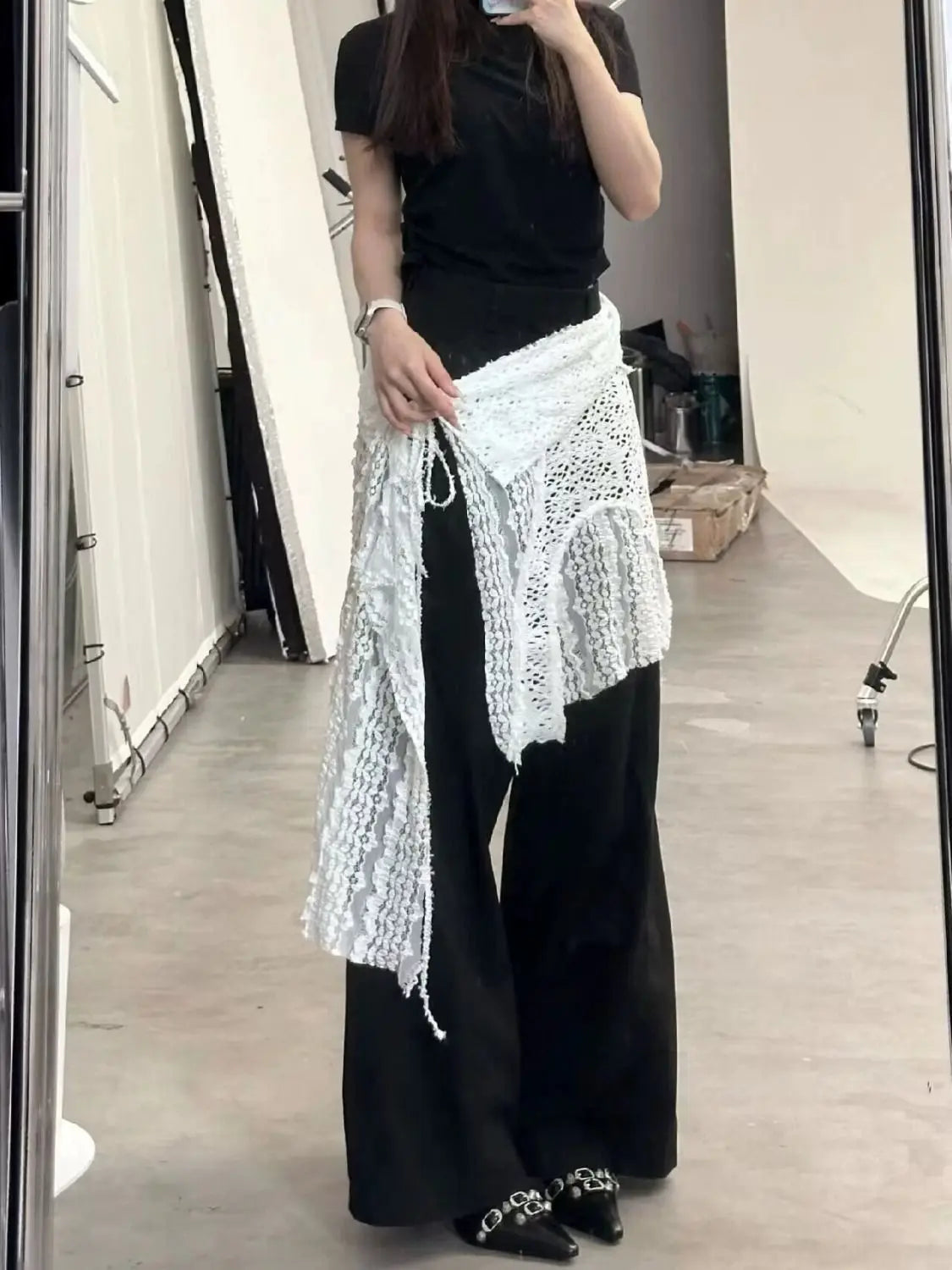 Hollow Out Irregular Lace Skirts Chic Lace-up Design Stacked Layered Feeling Mesh Apron Vintage Women Y2k White Jacquard