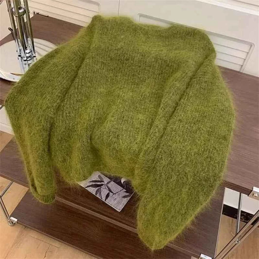 Women's Fashion Simple Casual Green Soft All Match Knitted Sweater Female O Neck Long Sleeve Loose Pullover Tops Sweet Sweaters