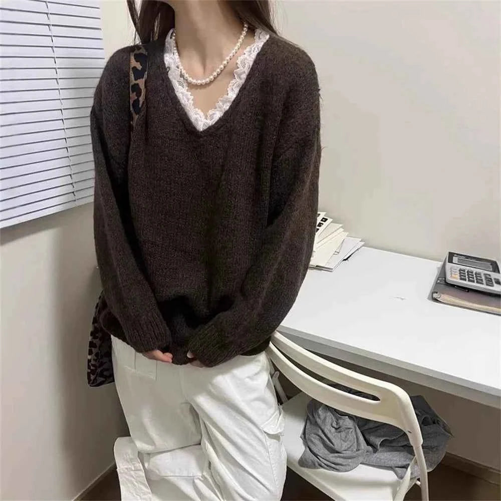 Spring Autumn Solid Women's Knitted Sweater V-Neck Patchwork Lace Collar Long Sleeved Pullover Casual Loose Tops Female Clothes