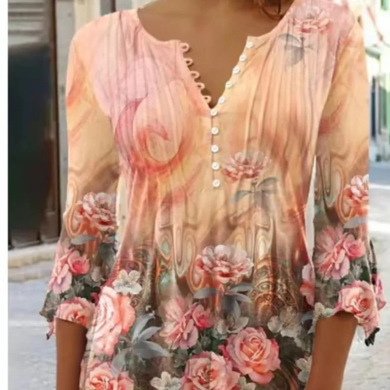 V-Neck Elegant Office Lady Blouses Tops Blusas 2024 Casual Trendy Summer Blouses Print Three Quarter Buttons Women Shirts S-3XL