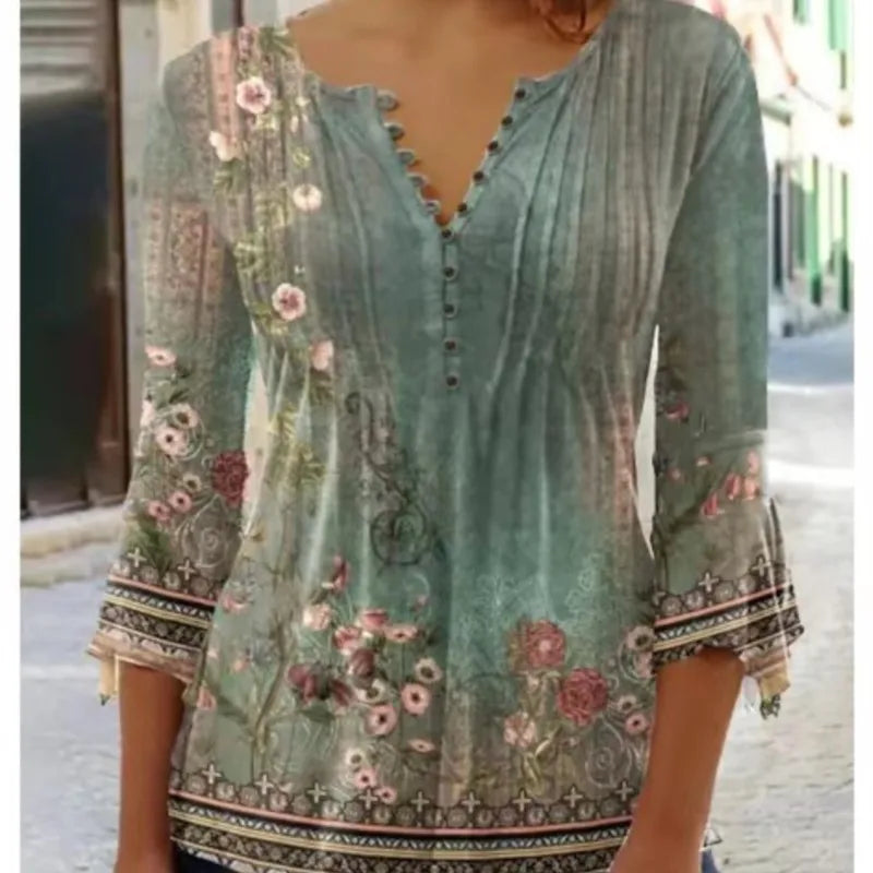 V-Neck Elegant Office Lady Blouses Tops Blusas 2024 Casual Trendy Summer Blouses Print Three Quarter Buttons Women Shirts S-3XL