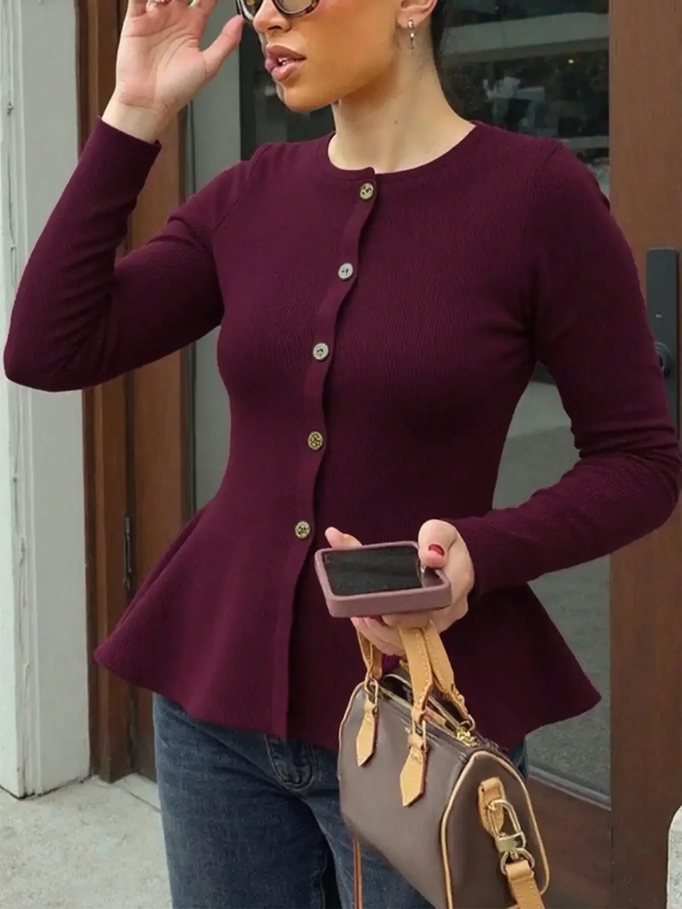 Women Elegant Solid Round Neck Pullover Lady Chic Full Sleeve Single Breasted Slim Knitted Sweater Women Commute Street Sweaters
