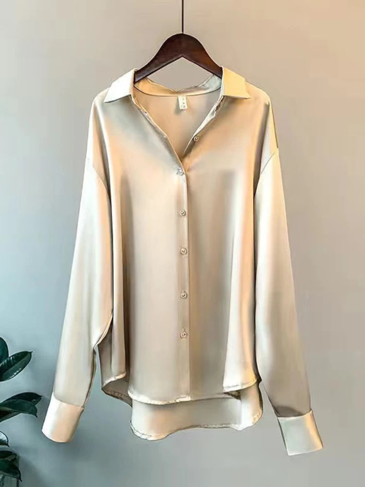 Casual Office Lady Silk Blouses Autumn Long Sleeve Button Up Shirt Women Elegant Winter Tops  Office Lady Acetate Blouse