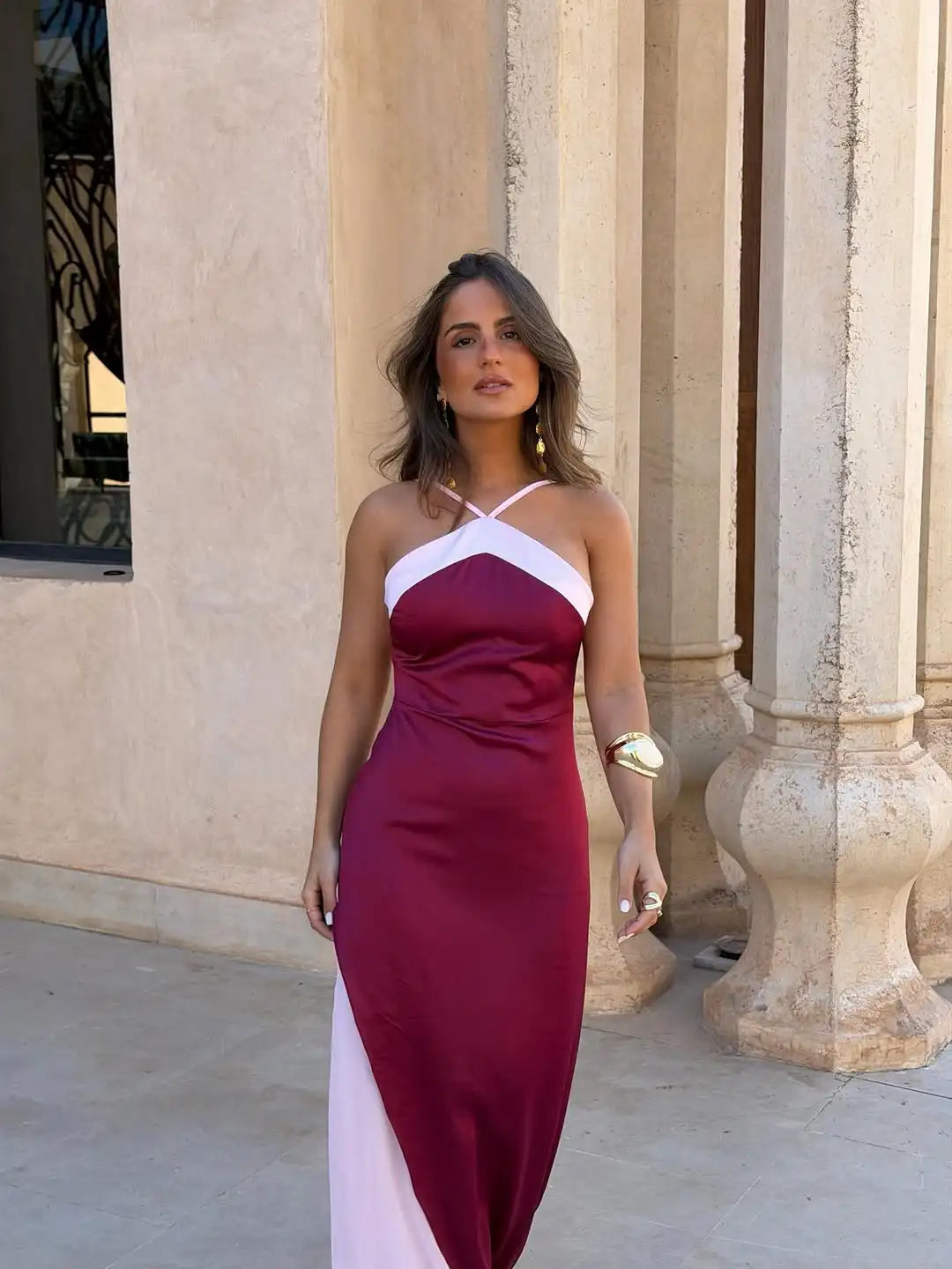  Women Sexy Color Blocking Halter Maxi Dresses Elegant Backless Off shoulder Sleeveless Slim Gowns 2026 New Lady Party Vestidos