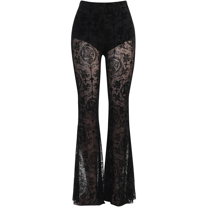 Y2K Gothic Black Velvet Lace Mesh Flare Pants Sexy Harajuku Aesthetic See Through Emo Pants Vintage Women Summer Pant Streetwear