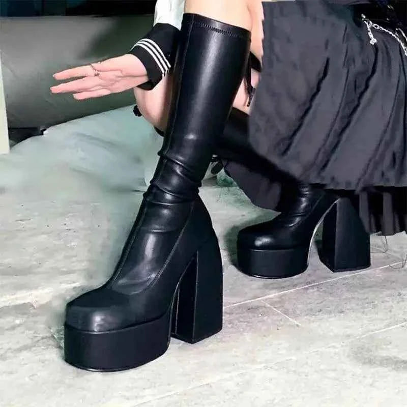 Boots for Women 2026 Knee High Shoes on Platform Heels Punk Style Autumn Winter Chunky Gothic Plus Size Sexy Pole Dance Luxury