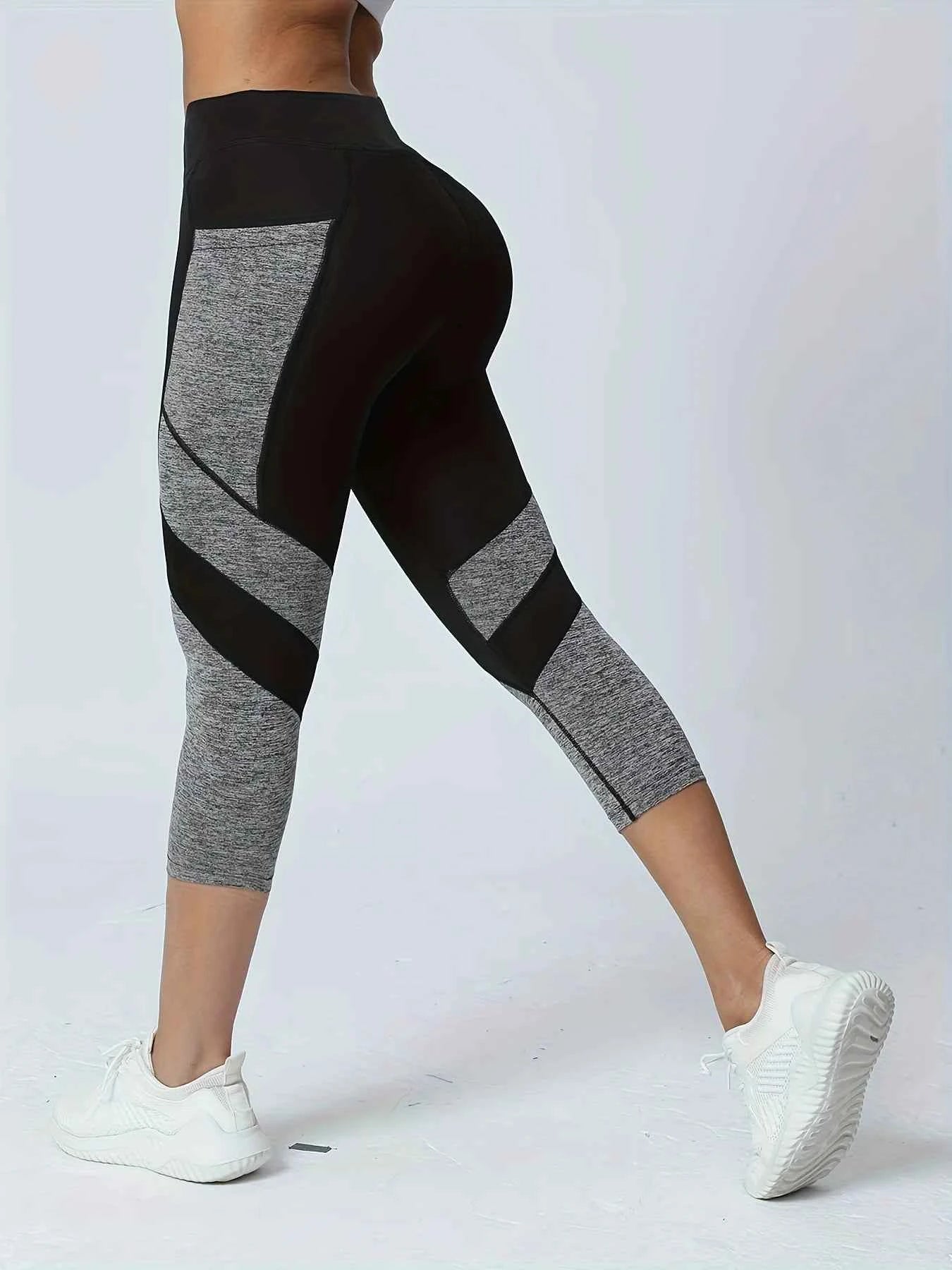 Women's Patchwork Pocket High Waist Yoga Pants Capri Leggings Tummy Tuck Sweatpants
