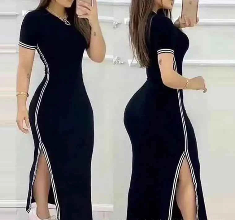 Womens Dresses 2023 Summer Fashion Striped High Slit Casual O-Neck Short Sleeve Daily Skinny Maxi A Line Dress Woman Clothing