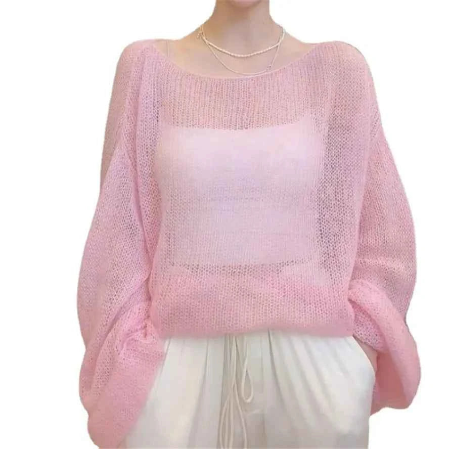 Korean Style Office Basic 2023 Pullovers Women Solid Summer Hollow Out Thin Fashion Loose Sun-proof Casual Cozy Popular Tops