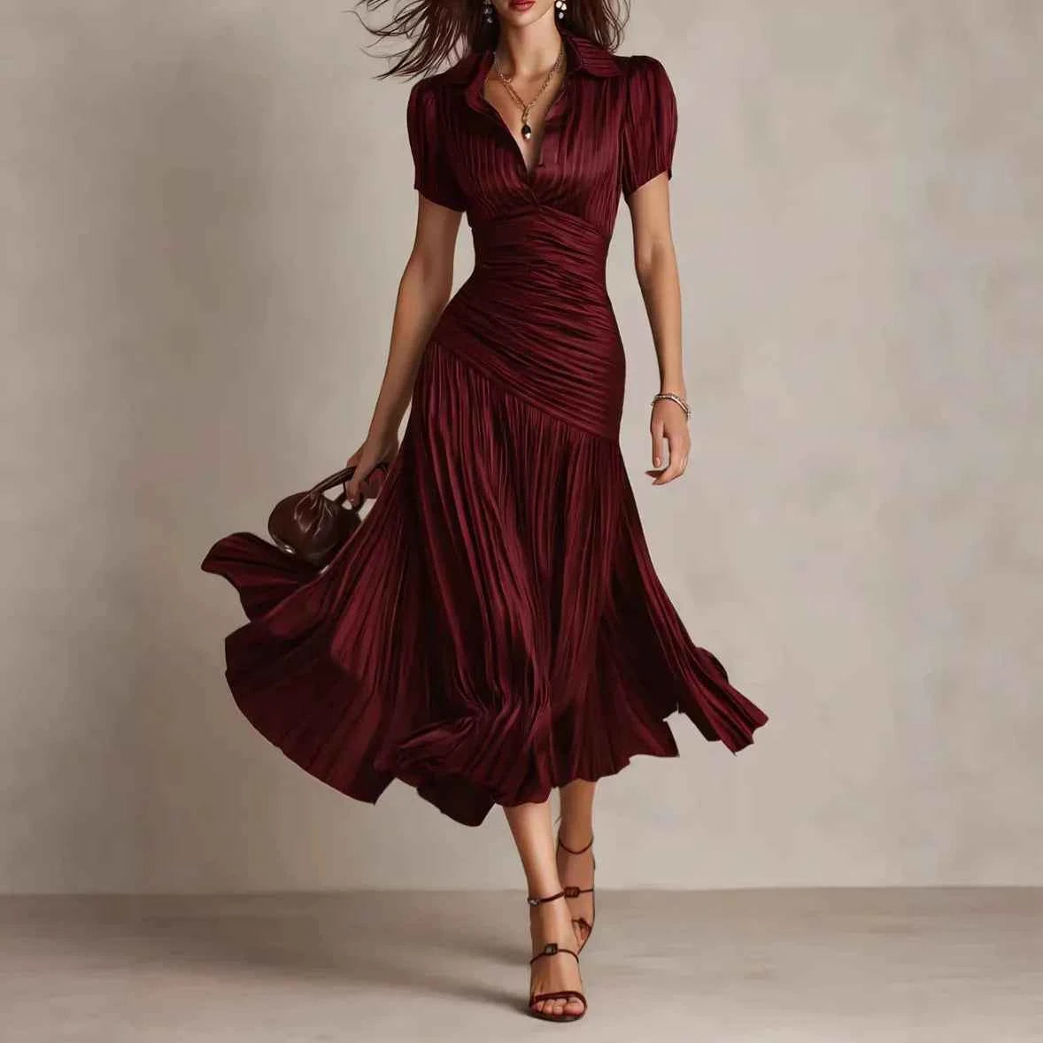 2026 New Summer Women's Striped High-waisted Shirt Dress Waist Slimming Short-sleeved Lapel A-line Skirt