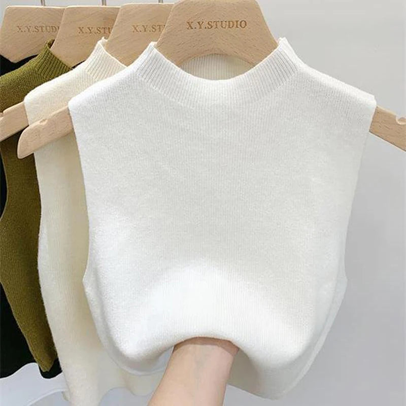 1PC Fashion Half Turtleneck Knitted Tank Top Summer Women Casual Solid Color Sleeveless Vest