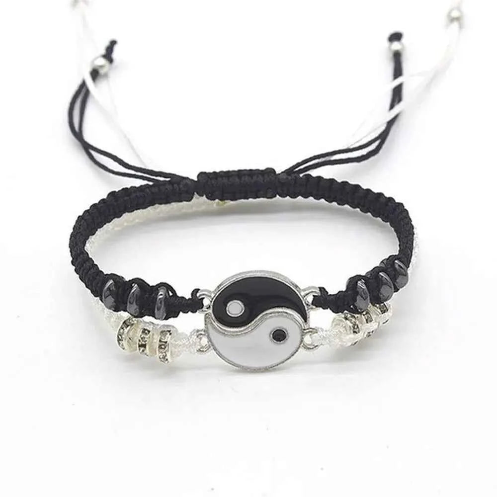 2 PC Jewelry Set Couple Black White Tai Chi Bracelet Rope Adjustable Chain Set Simple Style Daily Wear Jewelry