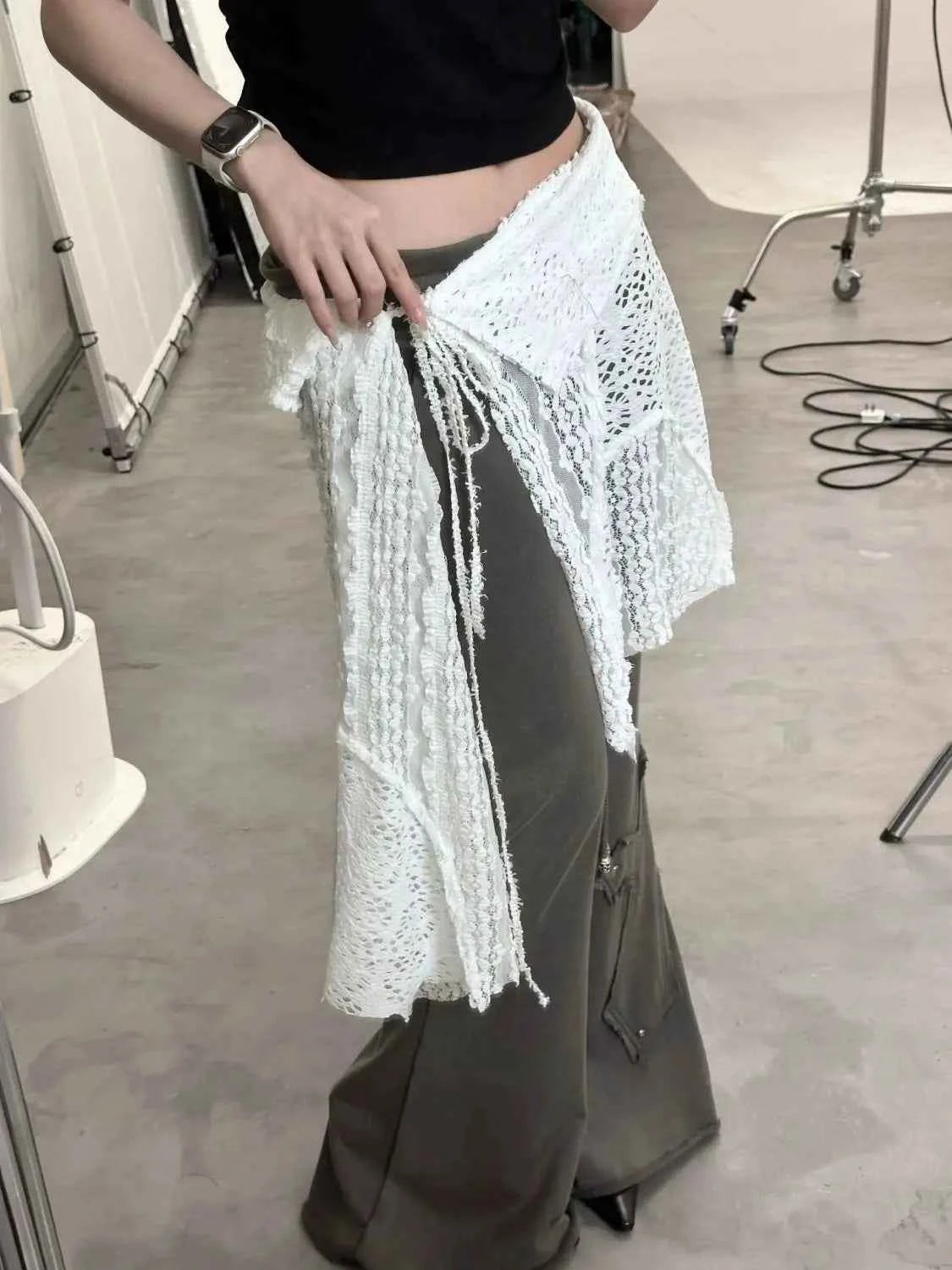 Hollow Out Irregular Lace Skirts Chic Lace-up Design Stacked Layered Feeling Mesh Apron Vintage Women Y2k White Jacquard