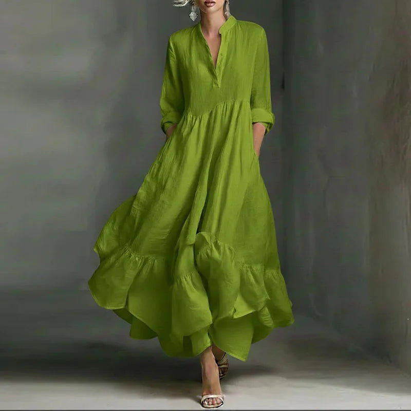 Women's Casual Dresses 2026 Spring Elegant V Neck High Waist A-Line Long Dress Retro Solid 3/4 Sleeve Ruffle Hem Boho Maxi Dress