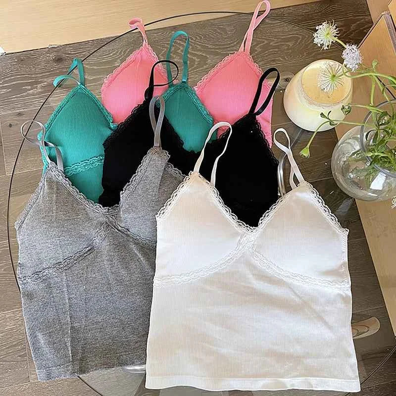 Women Summer 2025 Lace Fashion Tank Top Female Korean Style V Neck Sleeveless Sexy Blouse Cropped Knitwear