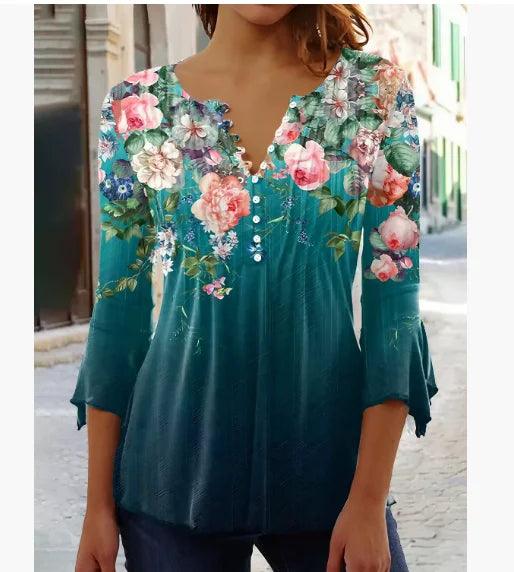 V-Neck Elegant Office Lady Blouses Tops Blusas 2024 Casual Trendy Summer Blouses Print Three Quarter Buttons Women Shirts S-3XL