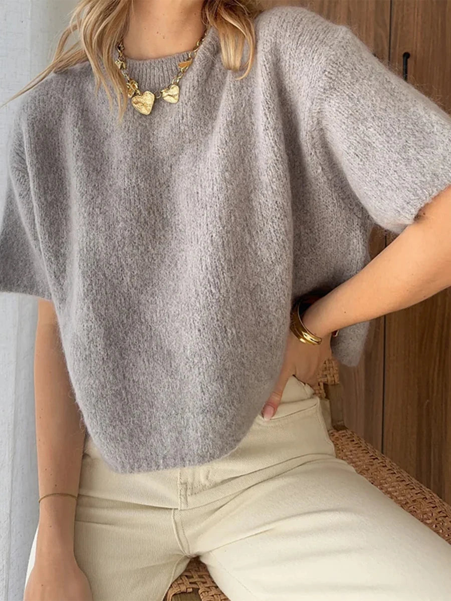 Women Spring Autumn Knit Sweaters Half Sleeve O Neck Solid Color Casual Knitwear jumper