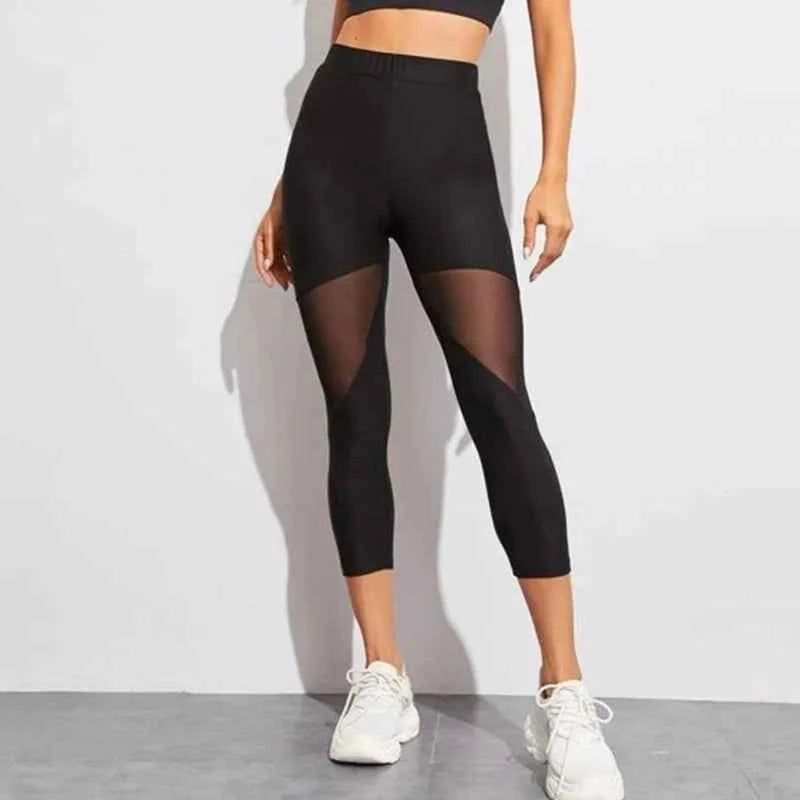 Black Patchwork Mesh Leggings Women's Elastic Pant Capri Women Fitness Leggings
